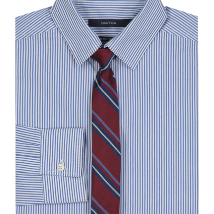 Nautica Boys' Long Sleeve Button-Down Collared Dress Shirt with Tie, Blue Stripe, 12