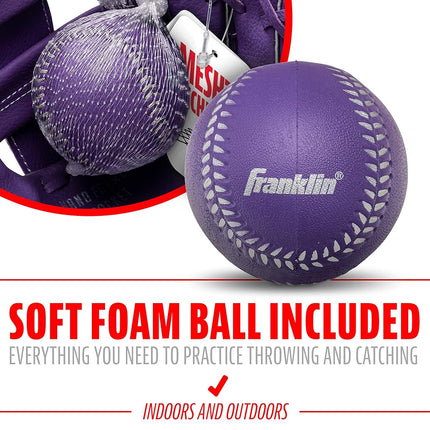 Franklin Sports Teeball Glove and Ball Set - Meshtek Teeball Glove and Foam Baseball - Purple/Silver - 9.5" Right Hand Throw, Purple/Chrome, 22809