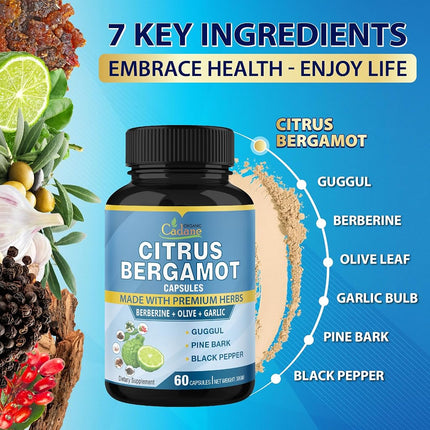 Cadane 2 Packs Citrus Bergamot Extract Capsules with Berberine, Olive, Guggul, Garlic, Pine Bark, Black Pepper | 4 Months Supply