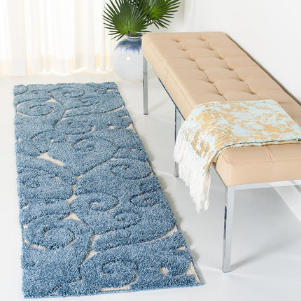 SAFAVIEH Florida Shag Collection 2'3" x 7' Light Blue/Cream SG455 Scrolling Vine Graceful Swirl Textured Non-Shedding Living Room Bedroom Dining Room Entryway Plush 1.2-inch Thick Runner Rug