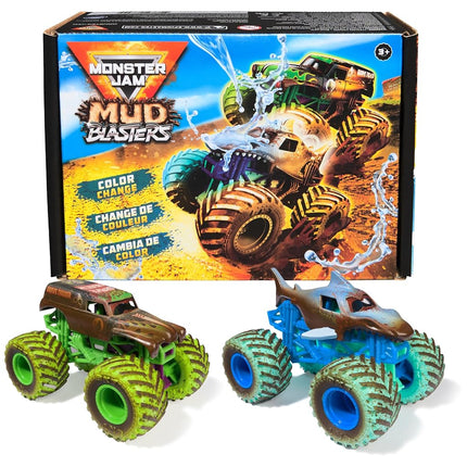 Monster Jam Mud Blasters, pack de 2 camiones que cambian de color de Grave Digger y Megalodon, vehículo de metal fundido a presión a escala 1:64, juguetes para niños y niñas de 3 años en adelante