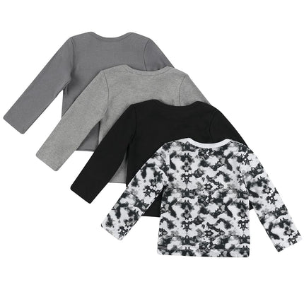 Hanes Baby and Toddler Long Sleeve Flexy Soft Knit Expandable Shoulder Pullover Undershirt (4 Pack), Grey/Black/Print, 12-18 Months