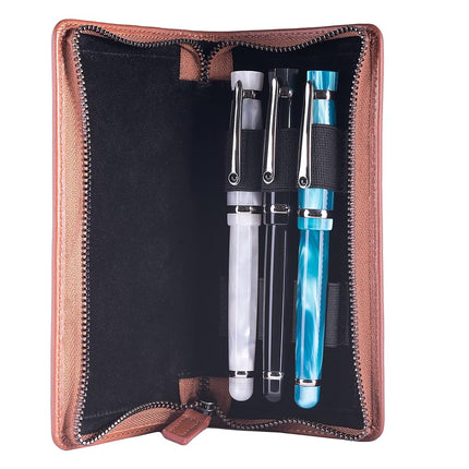 DiLoro Leather Zippered Triple or Quad Pen Case Pencil Pouch Holder for Three or Four Fountain Ballpoint Rollerball Pens or Glasses (Nappa Bugatti)