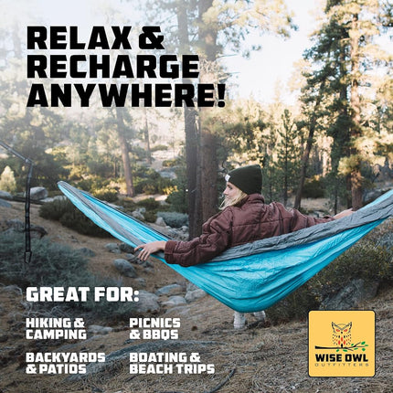 Wise Owl Outfitters Hammock for Camping Single Hammocks Gear for The Outdoors Backpacking Survival or Travel - Portable Lightweight Parachute Nylon SO Lt Blue & Grey