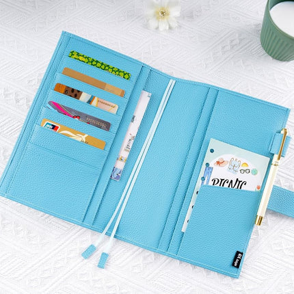 Ox Knight A5 Leather Planner Cover for Hobonichi Cousin, Stalogy, Midori, Leuchtturm1917, and More - with Pen Loop, Card Slots, Back Pocket, and Bookmarks (Light Blue)