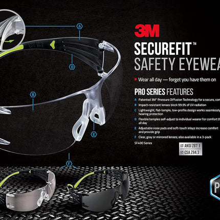 3M SecureFit 400 Safety Eyewear, Clear Anti-Fog, 1 Count (Pack of 1)