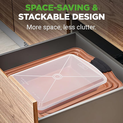NutriChef 5 Piece Baking Pan Set, Nonstick Carbon Steel Bakeware Pans, Stackable Baking Trays, Kitchen Bake Cookie Sheet for Oven, with Silicone Handles, PFOA, PFOS, PTFE Free