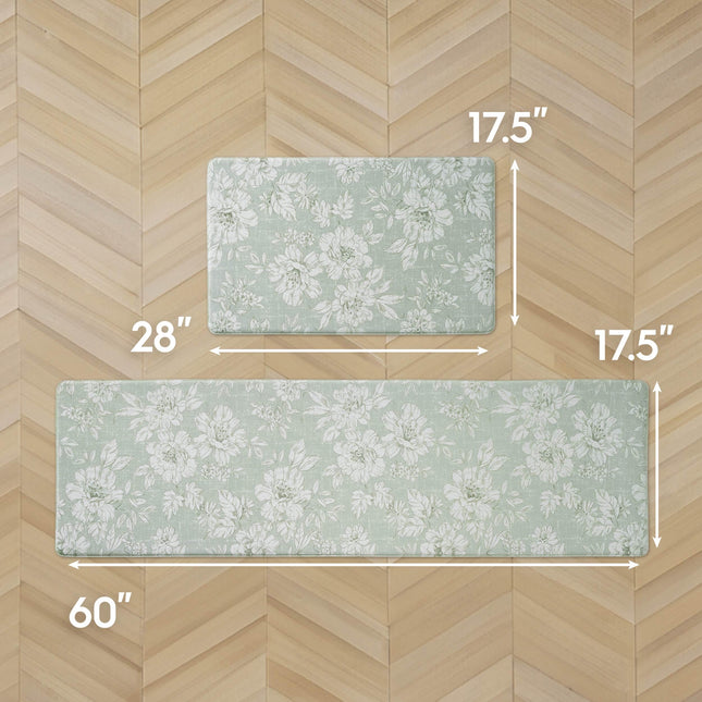 Laura Ashley - Anti-Fatigue Kitchen Mat, Iris Floral Design, Stain, Water & Fade Resistant, Cooking & Standing Relief, Non-Slip Backing, 2 Piece Set: 17.5" x 60" / 17.5" x 28" Sage Green Iris