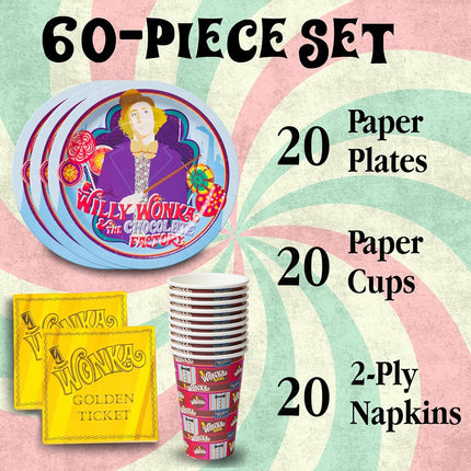 Silver Buffalo Golden Ticket Willy Wonka and The Chocolate Factory Themed Party Pack Set, 60 Piece