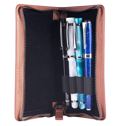 DiLoro Leather Zippered Triple or Quad Pen Case Pencil Pouch Holder for Three or Four Fountain Ballpoint Rollerball Pens or Glasses (Nappa Bugatti)