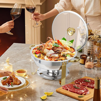 Chafing Dishes for Buffet Set of 2, 5QT Stainless Steel Buffet Serves and Warmers, Round Catering Food Warmers with Glass Lid & Lid Holder for Parties Gatherings Events Wedding Banquet, Gold