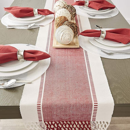DII Dobby Stripe Woven Table Runner, 13x108 (13x113.5, Fringe Included), Barn Red