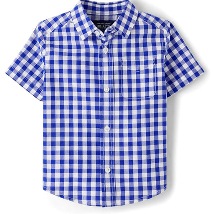 Chemise à manches courtes boutonnée en popeline pour bébés garçons et tout-petits The Children's Place, carreaux bleu renouvelé, 12-18 mois