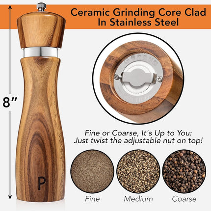 Gennua Kitchen Wooden Salt and Pepper Grinder Set: Refillable Salt & Pepper Mills Adjust for Customized Coarseness, Crafted of Solid Acacia Wood with Ceramic/Stainless Steel Core, 8 Inches Each