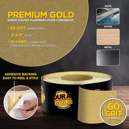 Dura-Gold - Premium - 60 Grit Gold - Longboard Continuous Roll 10 Yards Long by 2-3/4" Wide PSA Self Adhesive Stickyback Longboard Sandpaper for Automotive and Woodworking