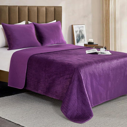 Elegant Comfort Luxury 3-Piece Velvet Corduroy Stripe Quilt Set, Ultra Soft Bedspread - Cozy Velvet Coverlet Set - 3PC Medium Weight Quilted Set with Matching Pillow Shams, Full, Purple