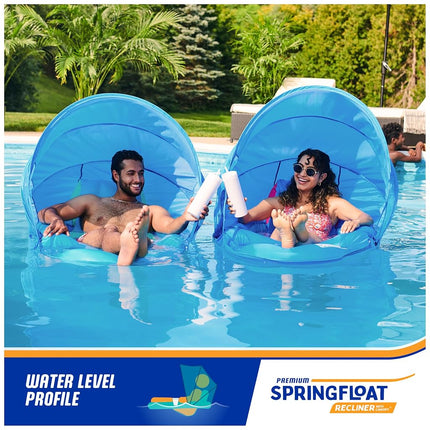 Tumbona de piscina reclinable prémium SwimWays Spring Float con dosel ajustable y válvula Hyper-Flate, azul