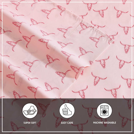 Wrangler - Draps de lit Twin XL, Literie Respirante et Infroissable avec Taie d'Oreiller Assortie, Légers pour une Utilisation Toute l'Année, Essentiels de Dortoir (Crânes de Bœuf Roses)