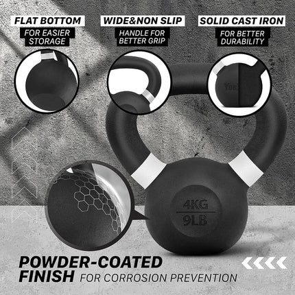 Yes4All Powder Coated Cast Iron Competition Kettlebell with Wide Handles & Flat Bottoms 4kg/ 9lbs