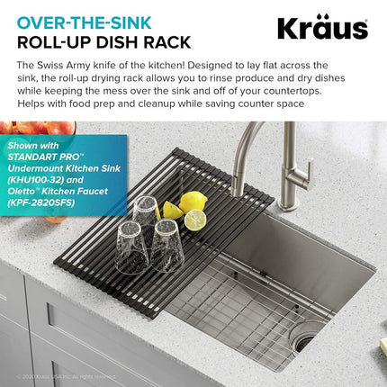 Kraus Multipurpose Over-Sink Roll-Up Dish Drying Rack, Colander and Trivet in Dark Grey, KRM-10DG