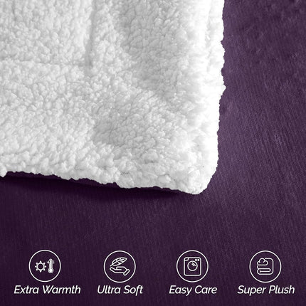 Elegant Comfort Ultra Soft Reversible Flannel Sherpa Blanket - Cozy Silky Fleece Throw for Couch, Bed - Plush Fuzzy Warm Winter Blanket for Gift, Full, Purple