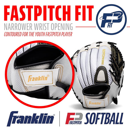 Guante de sóftbol Franklin Sports Fastpitch - Fastpitch Pro - Guante de sóftbol para adultos y jóvenes - Para cuadro interior y exterior - Guante para mano derecha - Blanco/Dorado - 13" para diestros