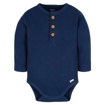 Gerber Baby Boys' Long Sleeve Henley Onesies (2 Pack), Blue and Heather Grey, Newborn