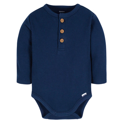 Gerber Baby Boys' Long Sleeve Henley Onesies (paquete de 2), azul y gris jaspeado, recién nacido