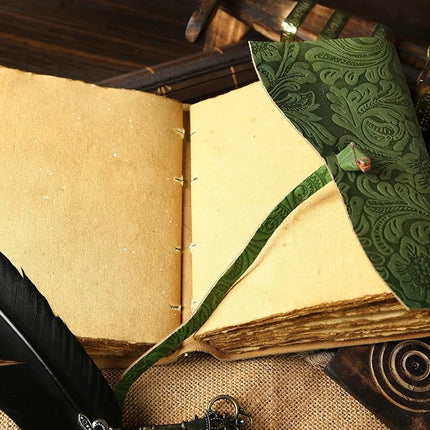 Leather Journal - Antique Handmade Deckle Edge Vintage Paper Leather Bound Journal - Book of Shadows Journal - Leather Sketchbook - Drawing Journal - Great Gift (Green)