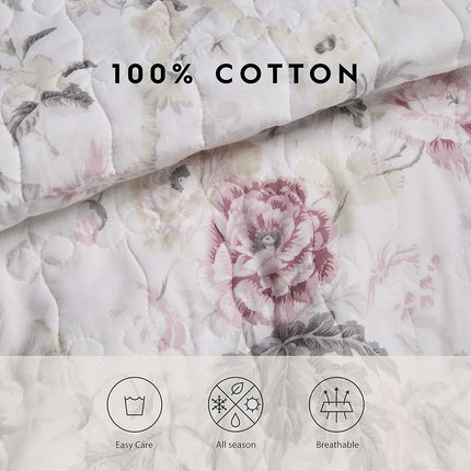 Laura Ashley 100% Cotton, Reversible, Lightweight & Breathable Bedding, Pre-Washed for Added Softness, Pink/Grey, Queen