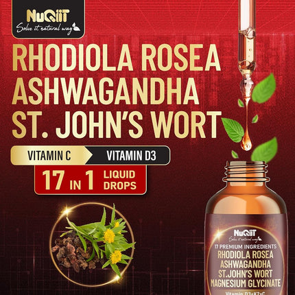 17in1 Rhodiola Rosea Liquid Drops Tincture w/Ashwagandha Magnesium, L-Theanine. Ultra Cortisol Supplement, Rhodiola Root for Mood, Energy - 1 FL Oz - 60 Day Supply