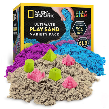 NATIONAL GEOGRAPHIC Pack combinado de arena de juego de 2.7 kg - 907 g de arena azul, morada y natural con moldes de castillo - Una actividad sensorial