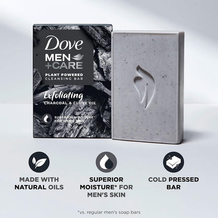 Dove Men + Care Natural Essential Oil Bar Soap to Clean and Hydrate Men's Skin Exfoliating Charcoal + Clove Oil 4-in-1 Bar Soap for Men's Body, Hair, Face and Shave 141 g 4 count