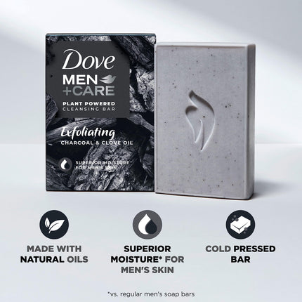 Dove Men + Care Jabón en Barra de Aceites Esenciales Naturales para Limpiar e Hidratar la Piel Masculina Carbón Exfoliante + Aceite de Clavo Jabón en Barra 4 en 1 para Cuerpo, Cabello, Rostro y Afeitado Masculino 141 g 4 unidades