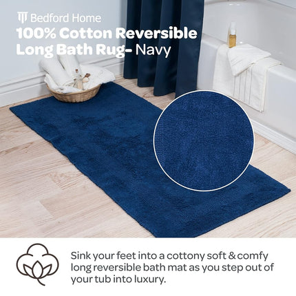 Bedford Home 100 Percent Cotton Reversible Long Bath Rug - Navy - 24x60
