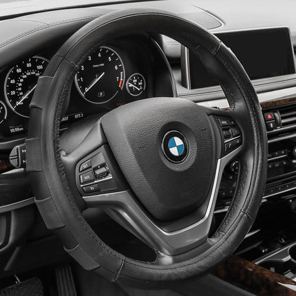 FH Group Universal Fit Genuine Leather Sport Steering Wheel Cover Fits Most Cars, SUVs Black