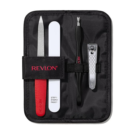 Revlon Nail Care Set with Travel Case, Dual Ended Cuticle Trimmer, Curved Blade Nail Clipper, Compact Emery Nail File and Buffer, Red, 1 Count