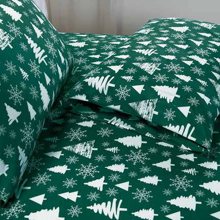 Elegant Comfort Luxury Soft Bed Sheets Holiday Pattern 1500 Thread Count Egyptian Quality Microfiber-Softness Wrinkle and Fade Resistant (6-Piece) Bedding Set, Queen, Hunter Green Christmas Tree