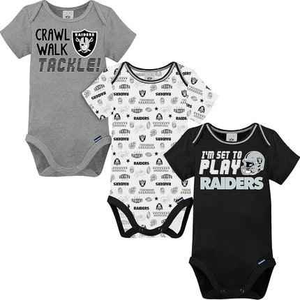 NFL Oakland Raiders Boys 20183 Pack Short Sleeve Variety Bodysuit, Black, 6-12 Months