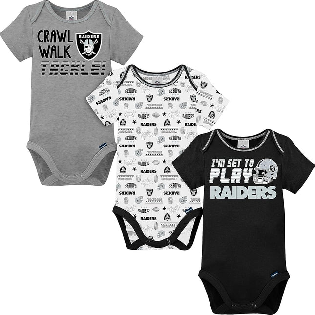 NFL Oakland Raiders Boys 20183 Pack Short Sleeve Variety Bodysuit, Black, 6-12 Months