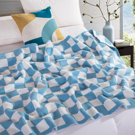 Elegant Comfort Checkered Throw Blanket, Aqua Super Soft Cozy Fluffy Warm Throw Blankets for Couch, Sofa, Chair, Bed, Camping, Picnic, Travel Lightweight Bed Blanket (50" x 70")