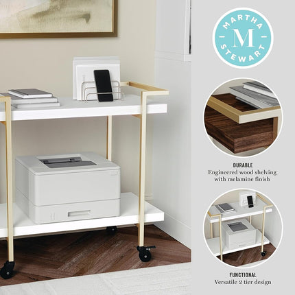 MARTHA STEWART Liam 2-Tier Mobile Office Storage and Printer Cart in White with Polished Brass Frame