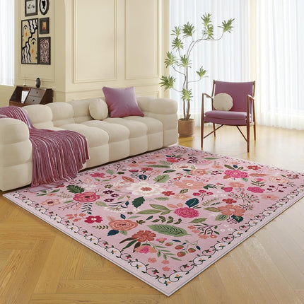 Rugcomf Living Room Rug, 60 x 84 Inch, Machine Washable, Boho Floral Vintage Style, Non-Slip, Low Pile, Large Area Rug for Living Room, Bedroom, Dining, Children's Playroom, Farmhouse (Pink)