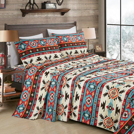 Chezmoi Collection 4-Piece Southwestern Geometric Motif Sheet Set California King Size - Multicolor Red Brown Blue Cream Printed Brushed Microfiber Lightweight Breathable Deep Pocket Bed Sheets