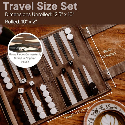 Sondergut Grey Travel-Size Backgammon Set - Genuine Suede, Portable, Roll-up Lightweight Travel Game - 2 Players, Ages 12+
