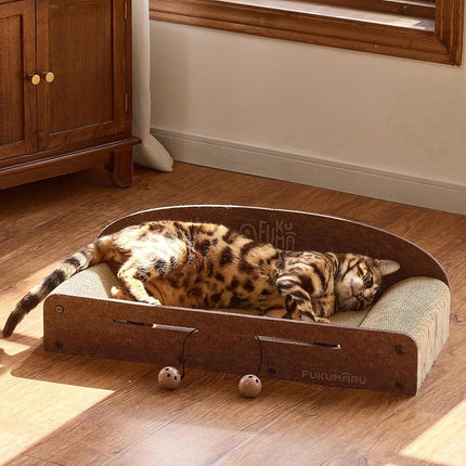 FUKUMARU 26 Inch Cat Scratcher Cardboard Lounge Bed, Durable Cat Scratcher Bed Large Lounger, 2 Reversible Cat Scratching Pads for Indoor Cats, Recyclable Cat Scratch Bed Cardboard with Bell Ball Toy