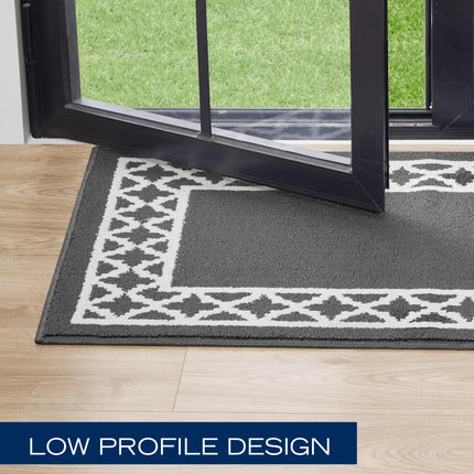 Alfombra Larga Nautica Runner, Alfombra de Interior para Entrada y Pasillo, Alfombra Antideslizante para Entrada y Cocina, Felpudo de Perfil Bajo Lavable a Máquina, 66 cm x 244 cm, Borde de Celosía Gris Oscuro y Blanco