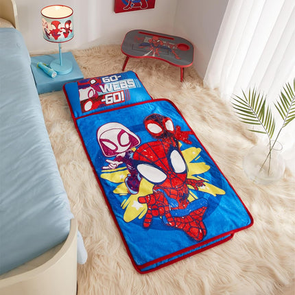 Idea Nuova Amazing Toddler Quilted Nap Mat with Built in Blanket and Pillow, 20" Wx46 L, Spidey and Friends