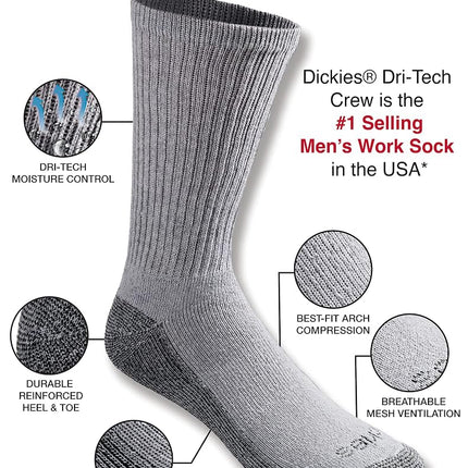 Dickies Men's Dri-tech Moisture Control Crew Socks, Available in M-XXL (6, 12, 18, Grey (6 Pairs), Medium (Pack of 6)