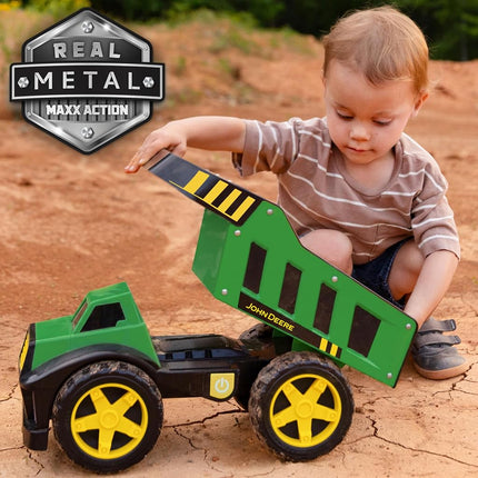 John Deere 16" Metal Dump Truck, Realistic Lights & Sounds, Heavy Duty Metal Truck Bed, Extra Large Wheels, Rugged Construction Vehicle Toy for Kids, Ages 3+, Indoor and Outdoor Play